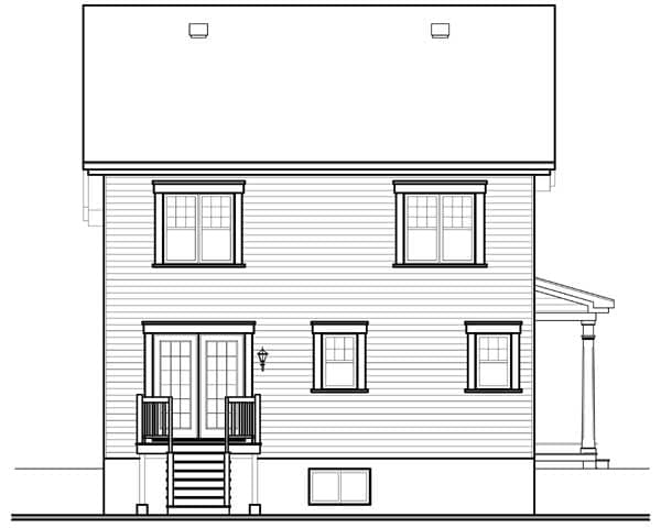 House plan rear elevation: two-story home with double doors and railing accessing stairs, multiple windows, and a dormer.