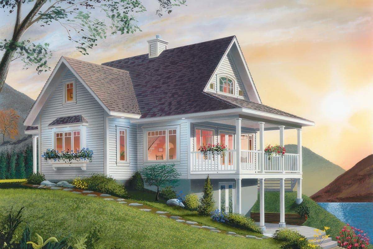 House plan exterior: Two-story cottage with a covered porch, multiple gables, dormer window, and bay window.