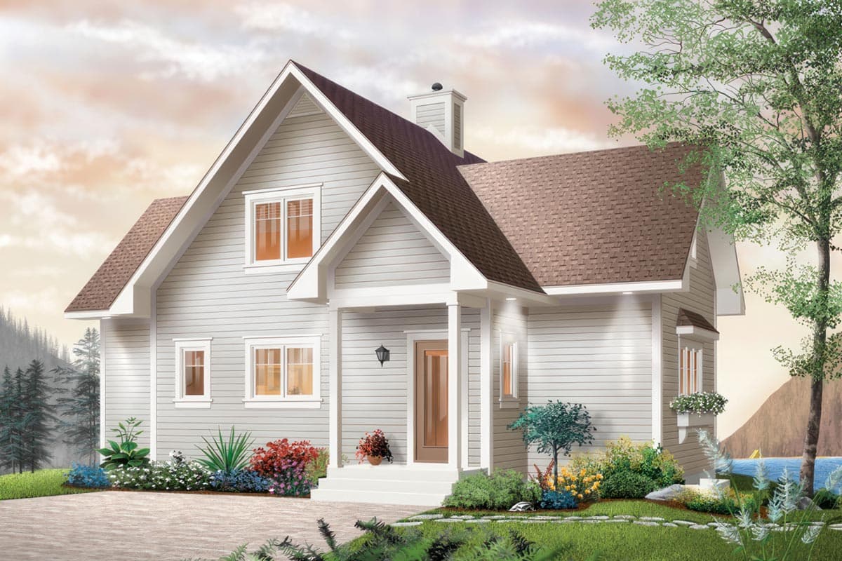 House plan exterior, two stories, gabled roof, prominent front gable, covered entry with columns, horizontal siding.