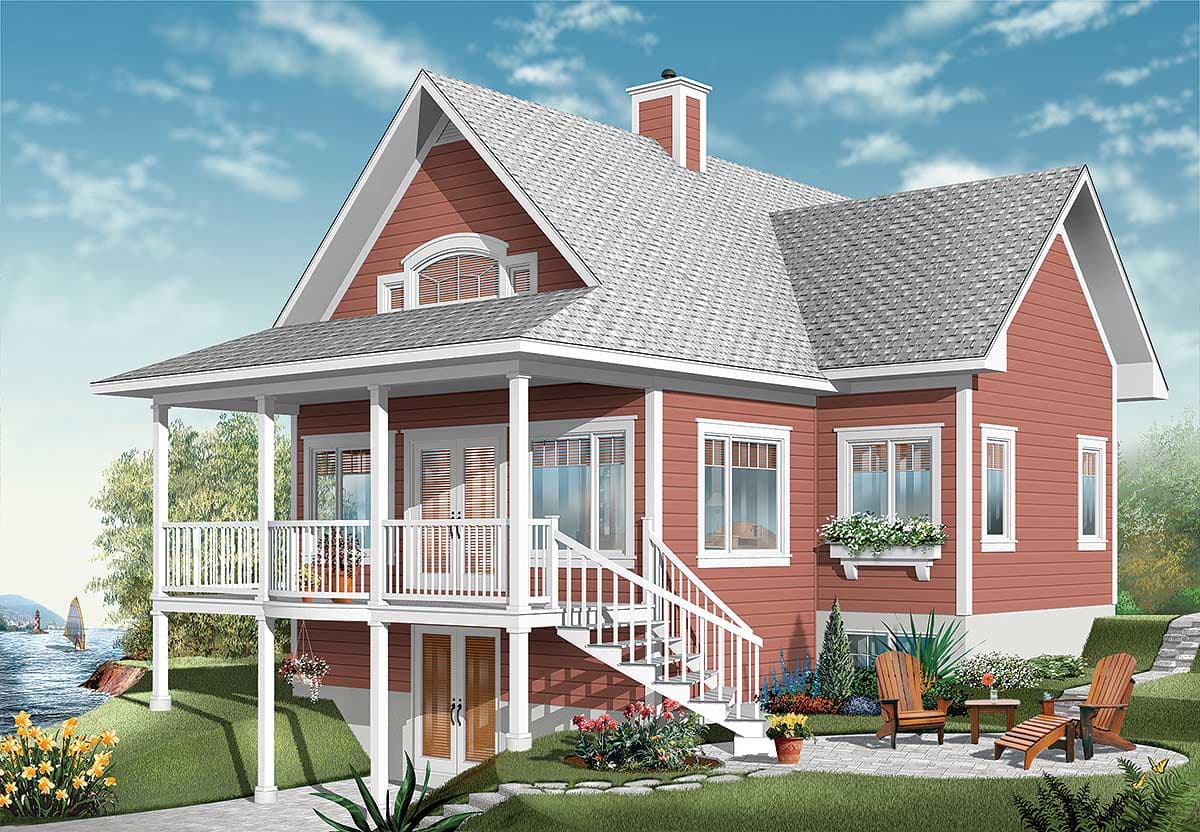 House plan exterior: Two-story home with wrap-around porch, prominent gable with arched window, and side-facing garage.