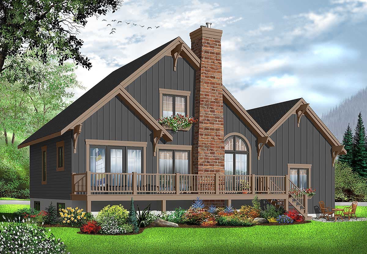 House plan exterior: Modern Farmhouse style, one-story home with a prominent brick chimney, wide front deck with railing, and gabled dormers.