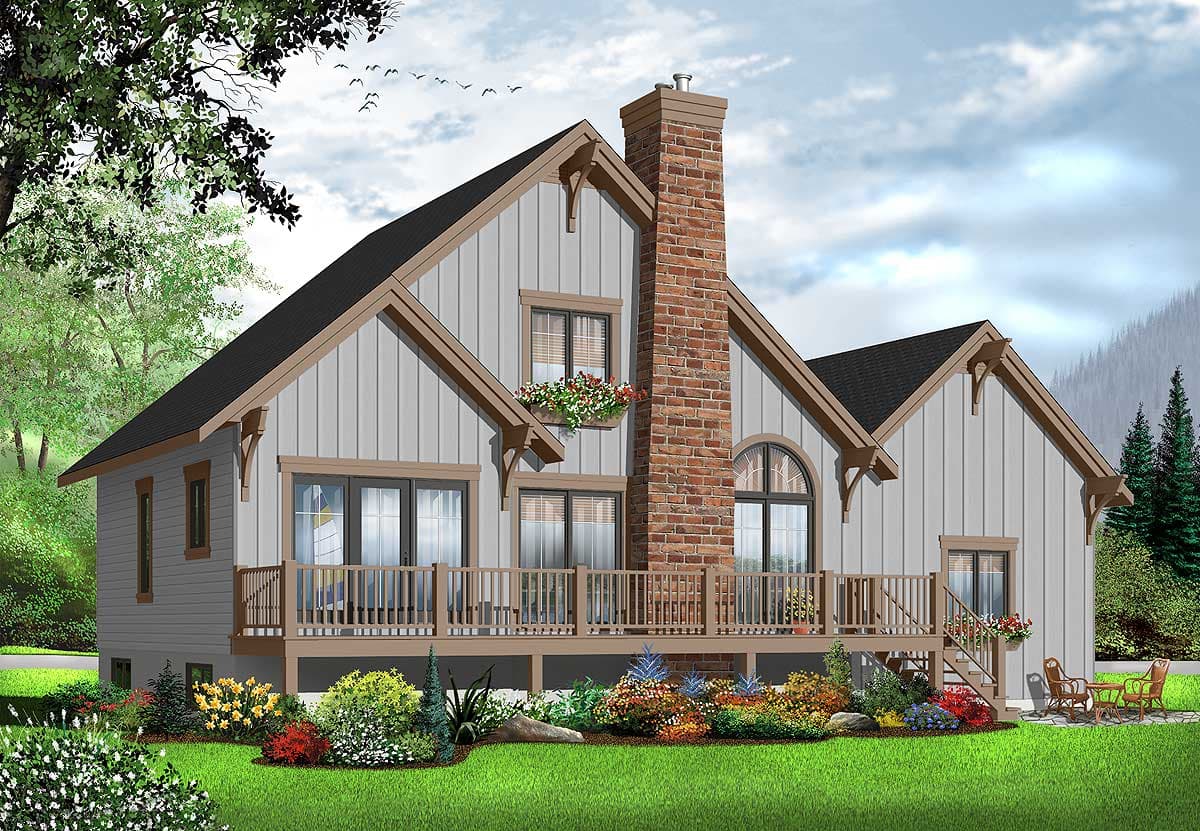 House plan exterior featuring a Modern Farmhouse style with board-and-batten siding, prominent brick chimney, and a wraparound deck.