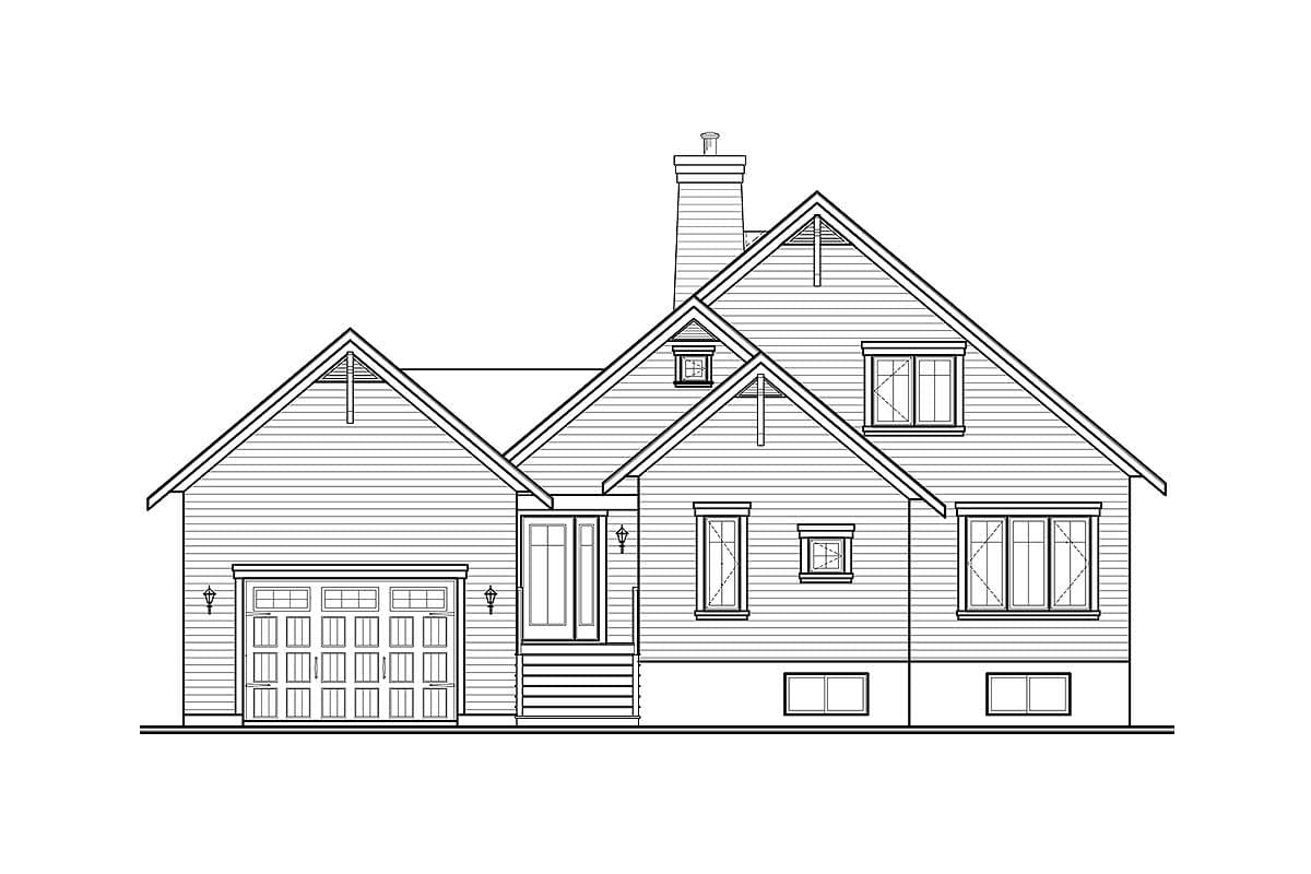 House plan exterior featuring a gabled roofline, side-entry garage, and prominent chimney.