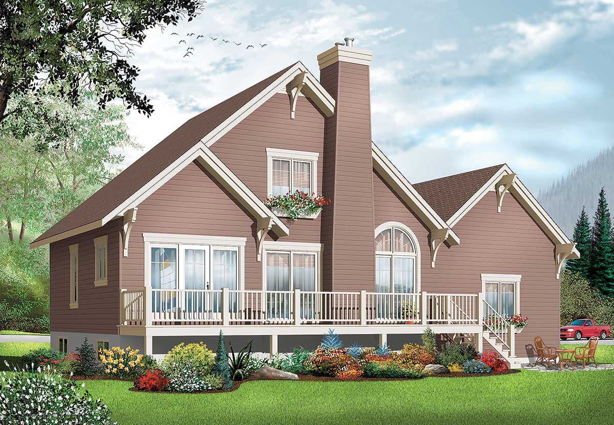House plan exterior: Gable roof, prominent chimney, wraparound deck, and arched window.