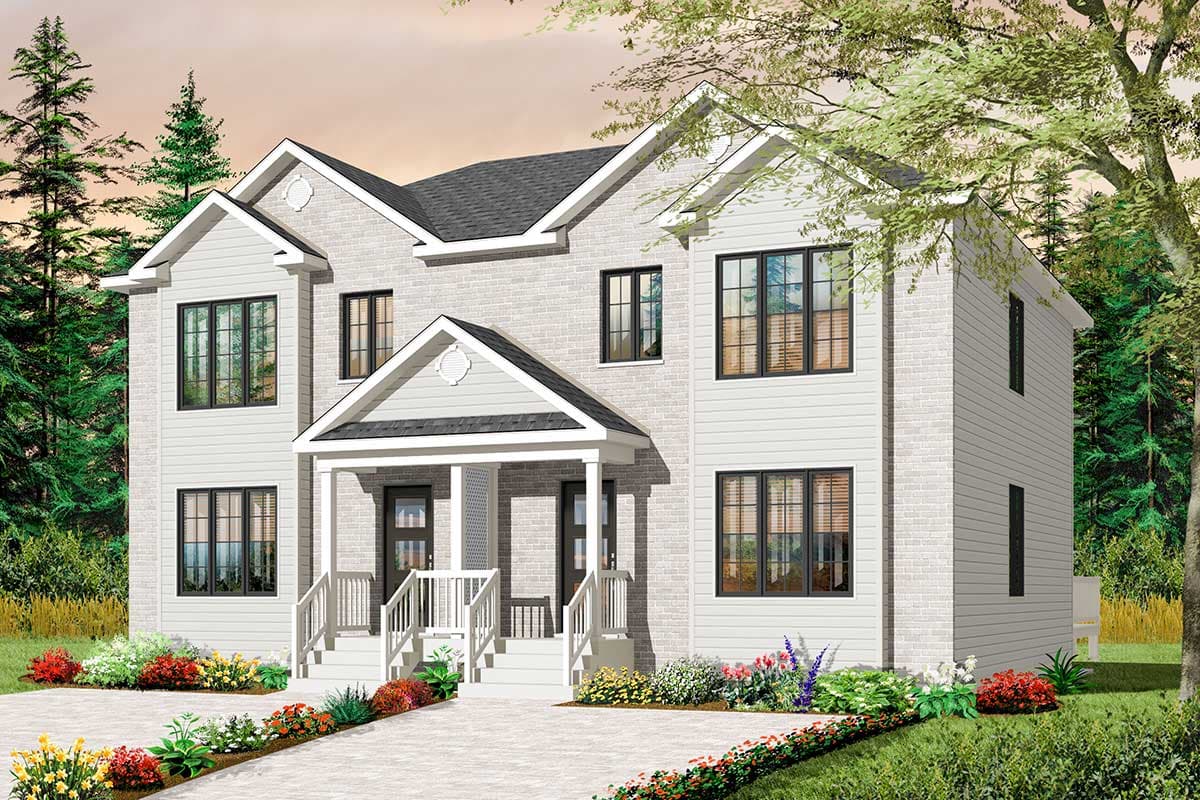 House plan exterior: Two-story duplex with white brick, siding, two porches, and gabled dormers.