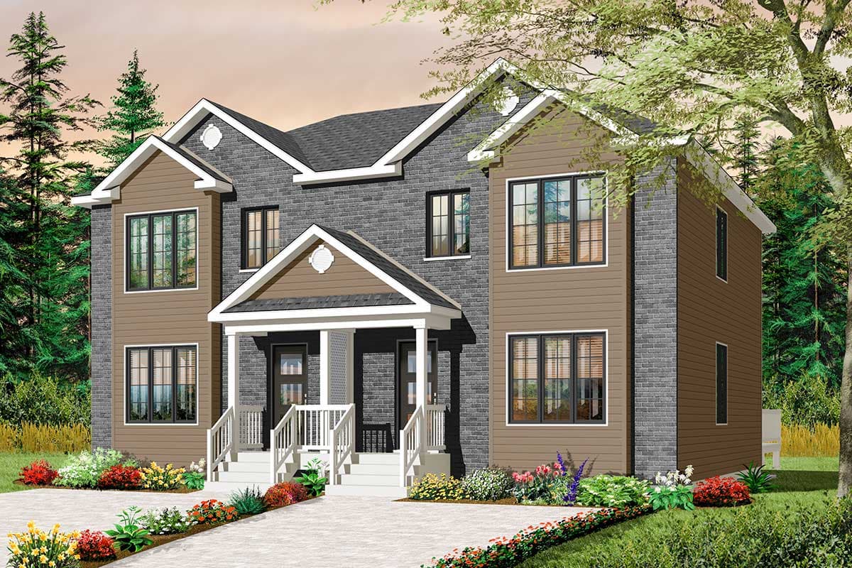 House plan exterior: Two-story duplex with brick and siding, gable dormers, and a central covered porch with two entrances.