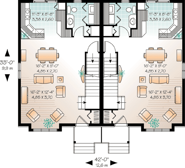Plan 21867DR: Duplex House Plan with Brick Exterior - 3 Bedroom Units - 1370 Sq Ft Each - Floor Plan - Main Level