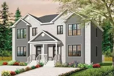 Duplex House Plan with Brick Exterior - 3 Bedroom Units - 1370 Sq Ft Each
