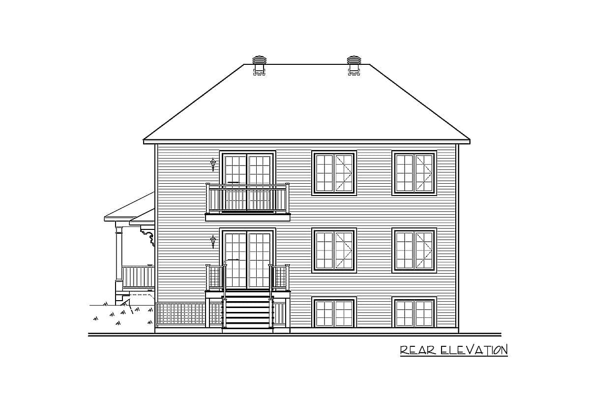 Rear elevation of a two-story house plan with siding, two balconies, and multiple windows.