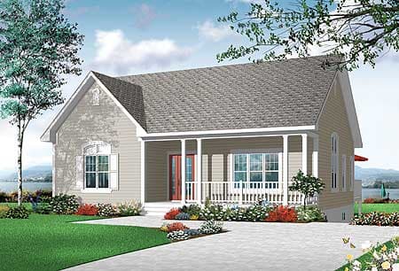 House plan exterior: one-story home with a covered front porch, gabled dormers, and arched window detail.