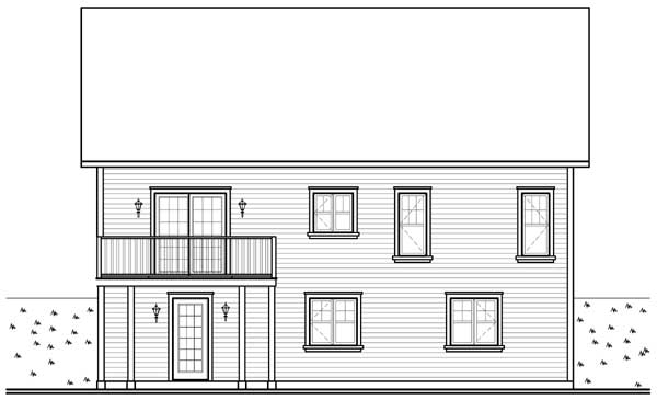House plan exterior: Two-story, horizontal siding, with a second-story balcony, double doors, and multiple windows.