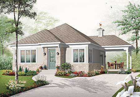 House plan exterior: Single-story home with stone facade, covered front porch with decorative posts, gabled dormer, and carport.