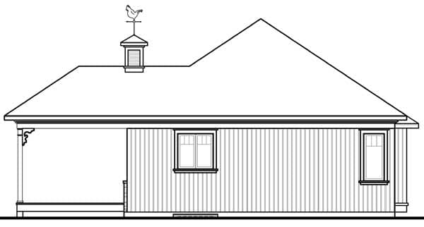 Side elevation of a one-story house plan showing a porch, two windows, and a cupola with a weather vane.