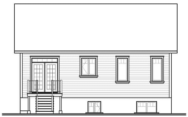 House plan elevation drawing of a two-story home with double doors, stairs, and four upper windows.