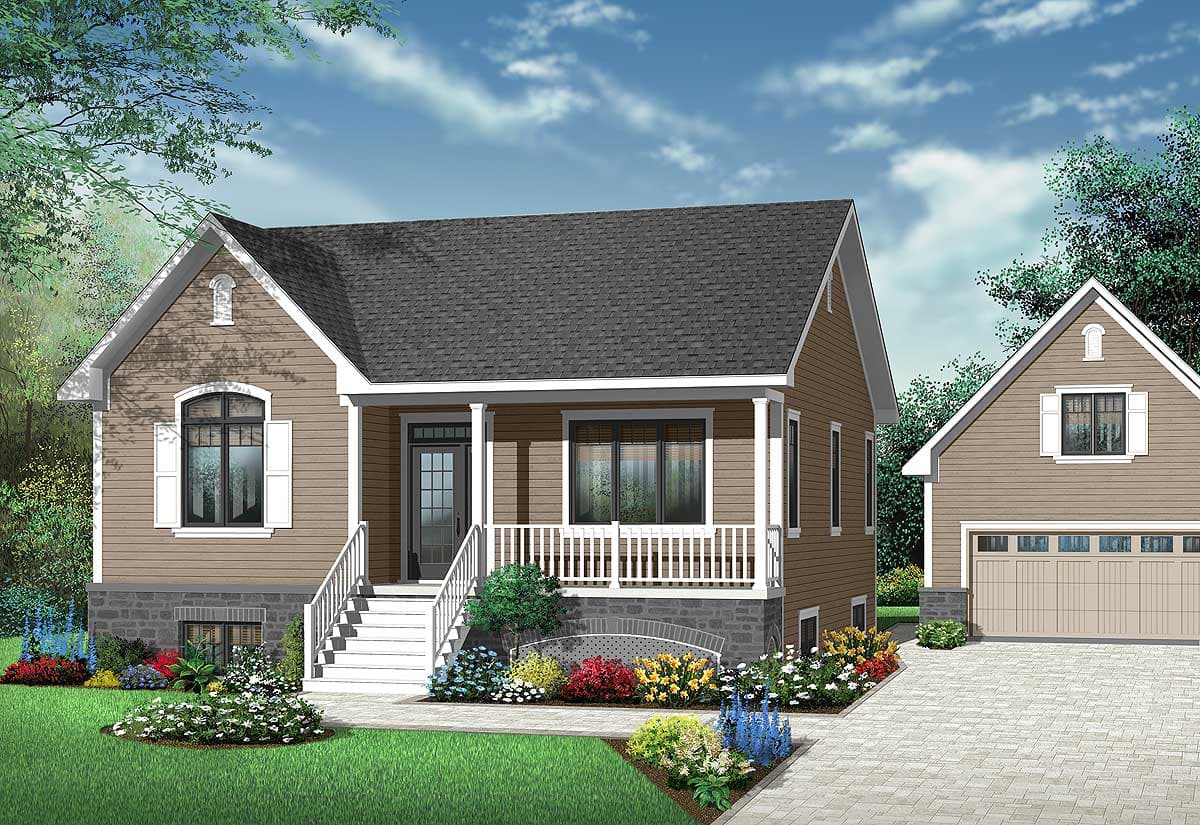 House plan exterior of a one-story home with a covered front porch, gables, and a detached two-car garage.