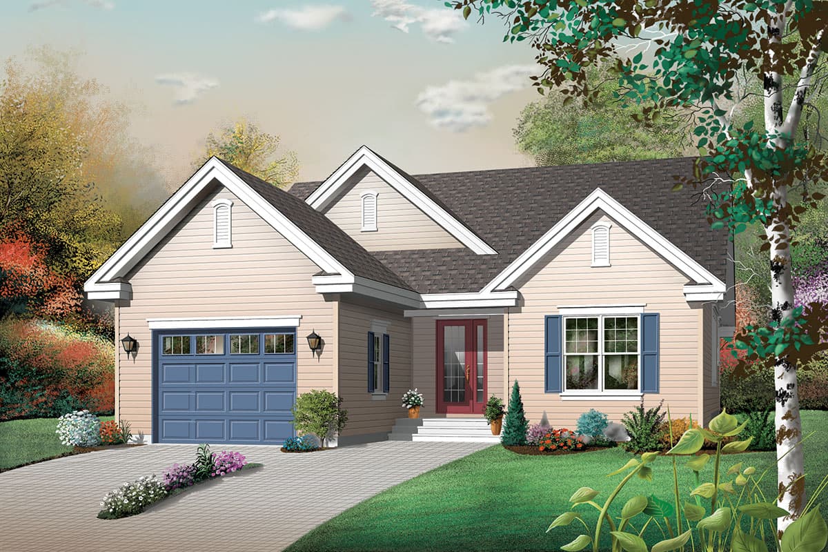 House plan exterior: Ranch style, single-story with attached garage, gabled dormers, and covered entry with double doors.