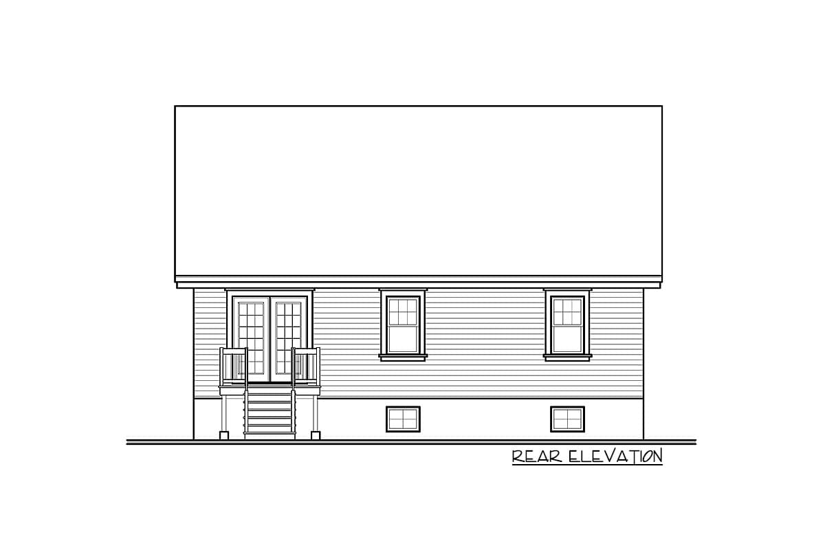Rear elevation of a house plan featuring double doors, a set of stairs, three upper windows, and two small basement windows.