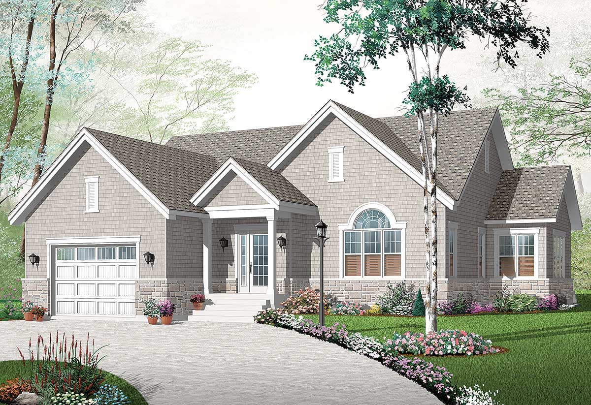 House plan exterior, one story, with attached garage, gabled dormers, stone wainscoting, and arched window.