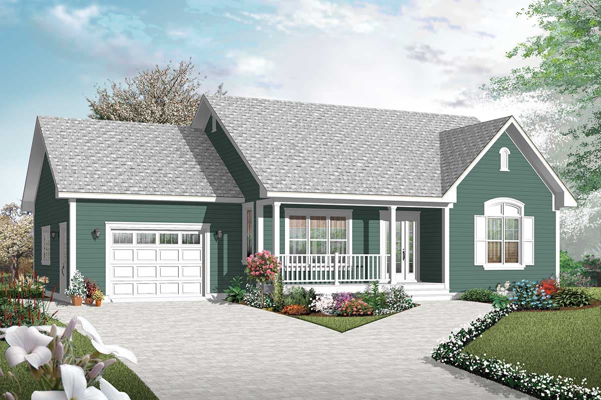 House plan exterior: One-story modern farmhouse with covered front porch, gabled dormer, and attached garage.