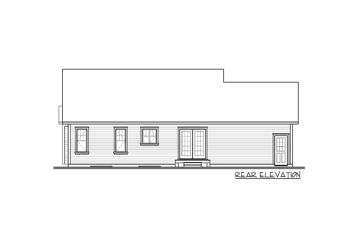 Rear elevation drawing of a house plan, showing three windows, double doors, and a single door.