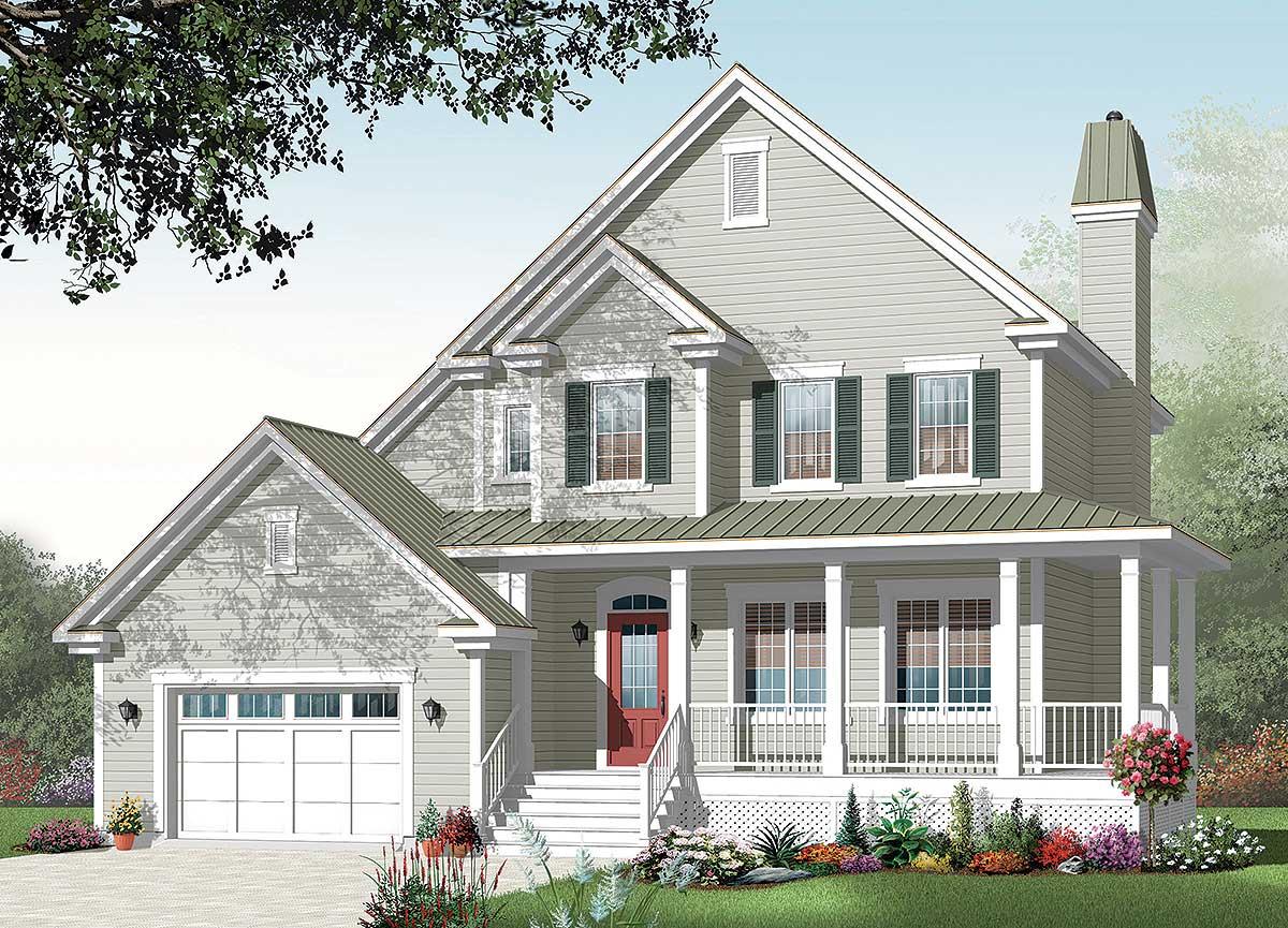 House plan exterior of a two-story Modern Farmhouse with a wrap-around porch, gabled rooflines, and attached garage.