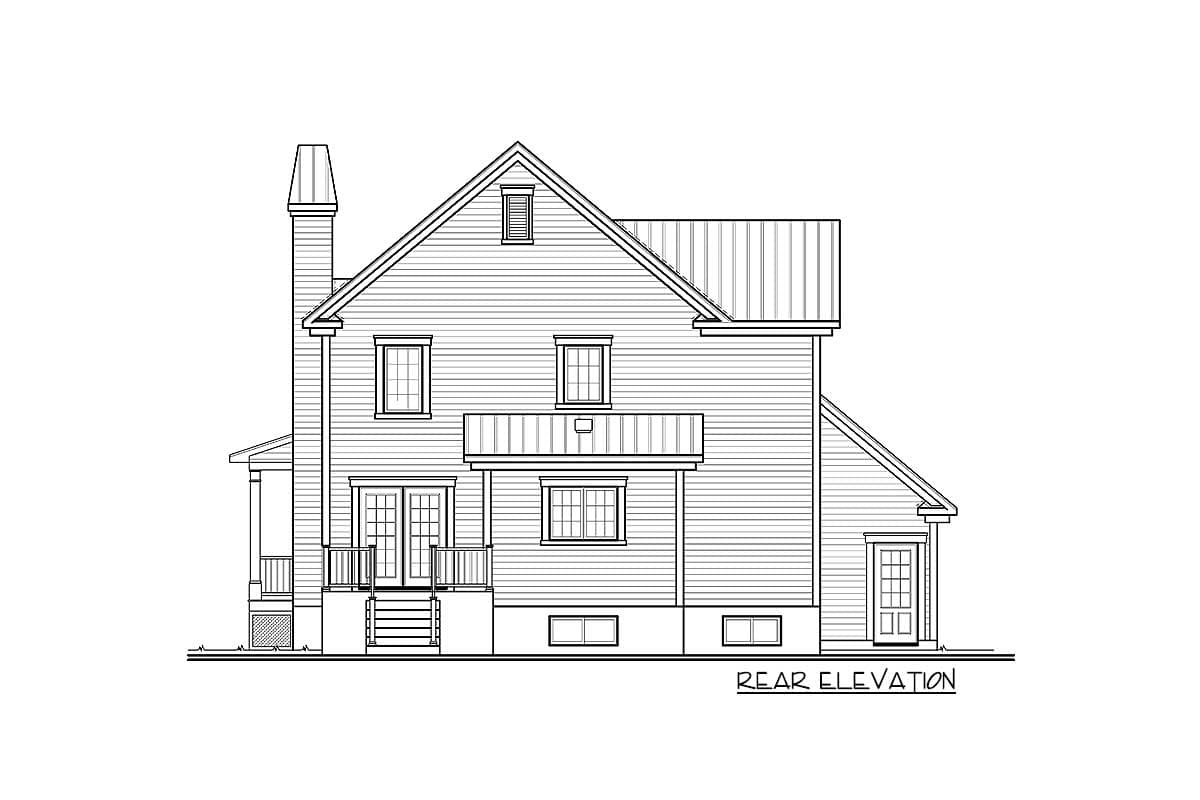 Rear elevation drawing of a two-story house plan with a prominent chimney, gables, dormer window, and balcony.