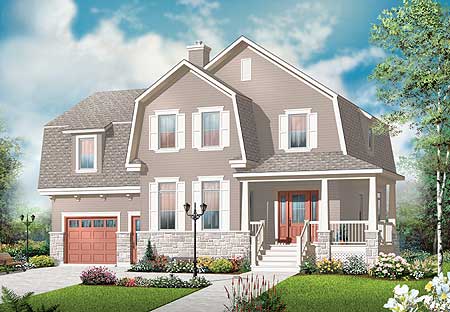 House plan exterior rendering: Two-story home with gambrel rooflines, dormers, and covered front porch with stone base.
