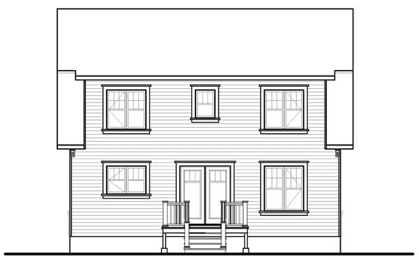 House plan rear elevation: Two-story home with double doors, front porch with stairs, and multiple windows.