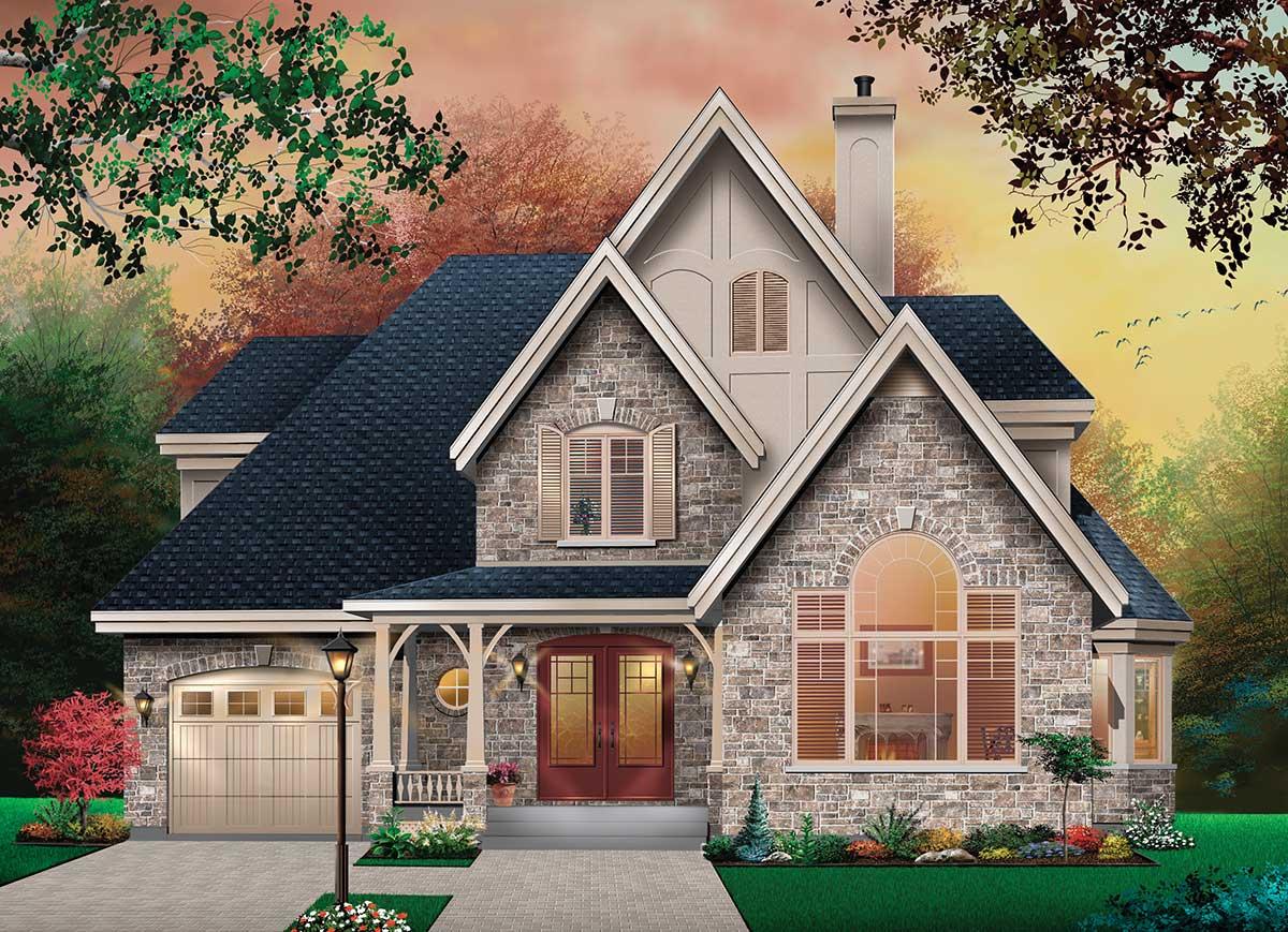 House plan exterior: Stone facade, two-story home with gables, arched windows, dormers, and front-facing garage.