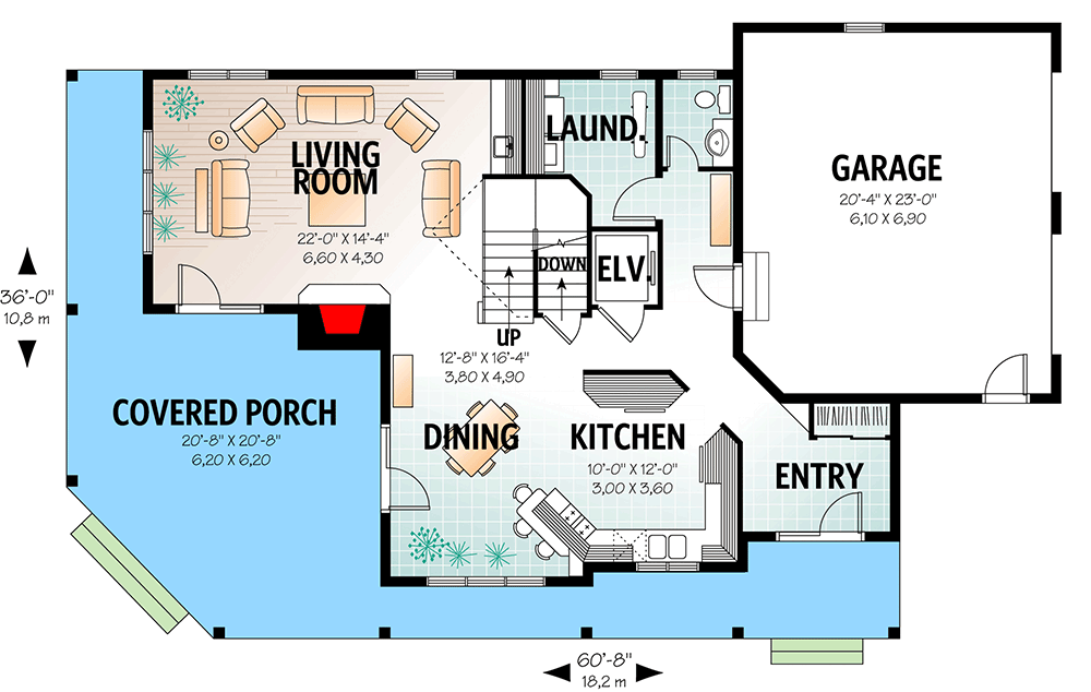 Plan 21885DR: Country Home Plan with An Elevator and a Wrap-Around Porch - 2528 Sq Ft - Floor Plan - Main Level - Country, Farmhouse