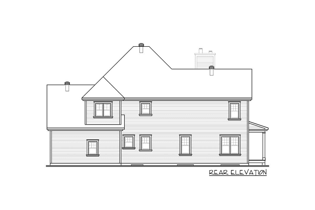 Rear elevation drawing of a two-story house plan with multiple gables, dormers, and a porch.