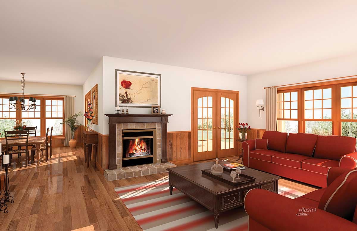 Open concept living and dining area with fireplace, French doors, and large grid-pane windows.