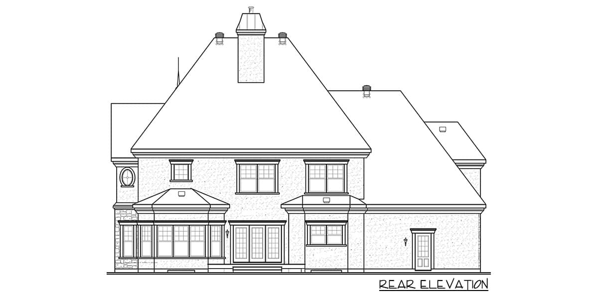 Rear elevation of a house plan featuring a large hip roof, prominent chimney, multi-pane windows, and a sunroom.