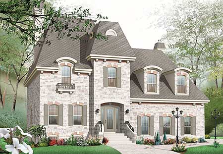 House plan exterior with mansard roof, arched dormers, stone facade, and central entryway with arched surround.