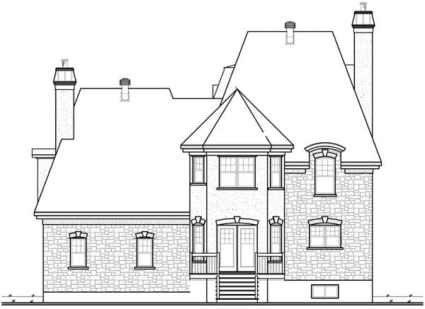House plan exterior showing stone and brick facade, multiple gables, dormers, and two chimneys.