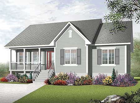 House plan exterior: One-story dwelling with covered front porch, gabled dormer, and pitched rooflines.