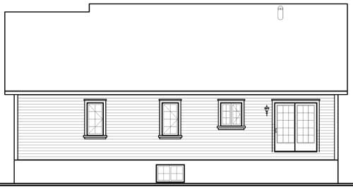 Rear elevation drawing of a house plan showing horizontal siding, four windows, and sliding glass doors.