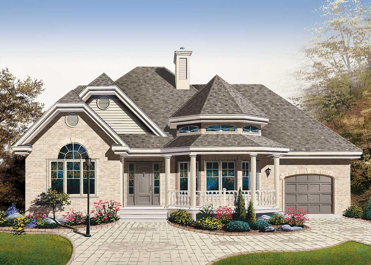 House plan exterior: One-story brick home with a prominent polygonal entry, gabled dormers, arched window, and attached two-car garage.