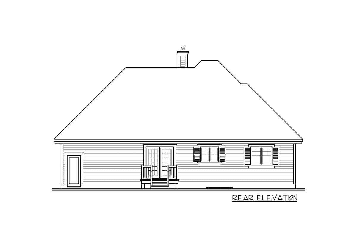 Rear elevation house plan showing a single-story home with a prominent hipped roof, dormer, double doors, and a single door.