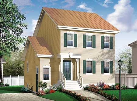 Two-story house plan exterior with gabled roof, covered entry porch, and multiple dormers.