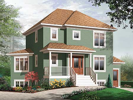 House plan exterior: Two-story home with a covered front porch, prominent gables, and multiple window configurations.