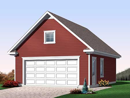 House plan exterior: Red sided garage with white paneled garage door, side door, and a gable dormer window.