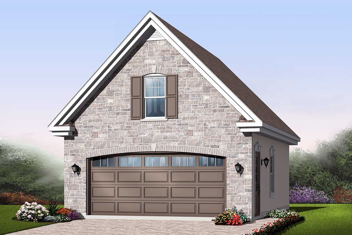 House plan exterior: Tall garage with stone facade, arched garage door with transom windows, gable dormer window, and trim details.