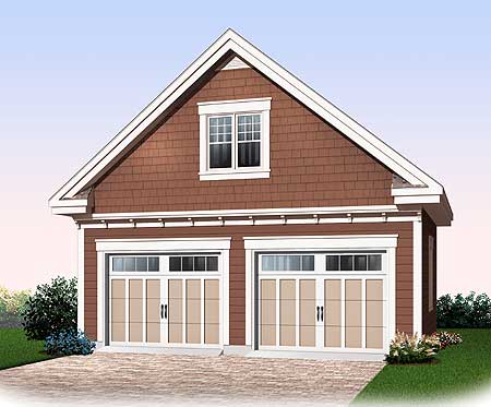 House plan exterior: Two-story garage with gable roof, dual doors, and a single upper-level window.