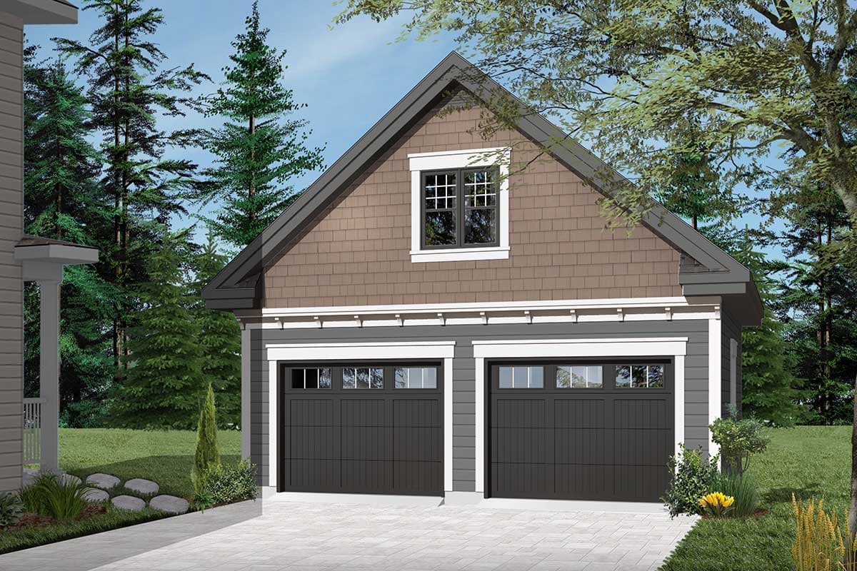 House plan exterior of a two-car garage with a steep gable roof, shingle siding, and a dormer window.