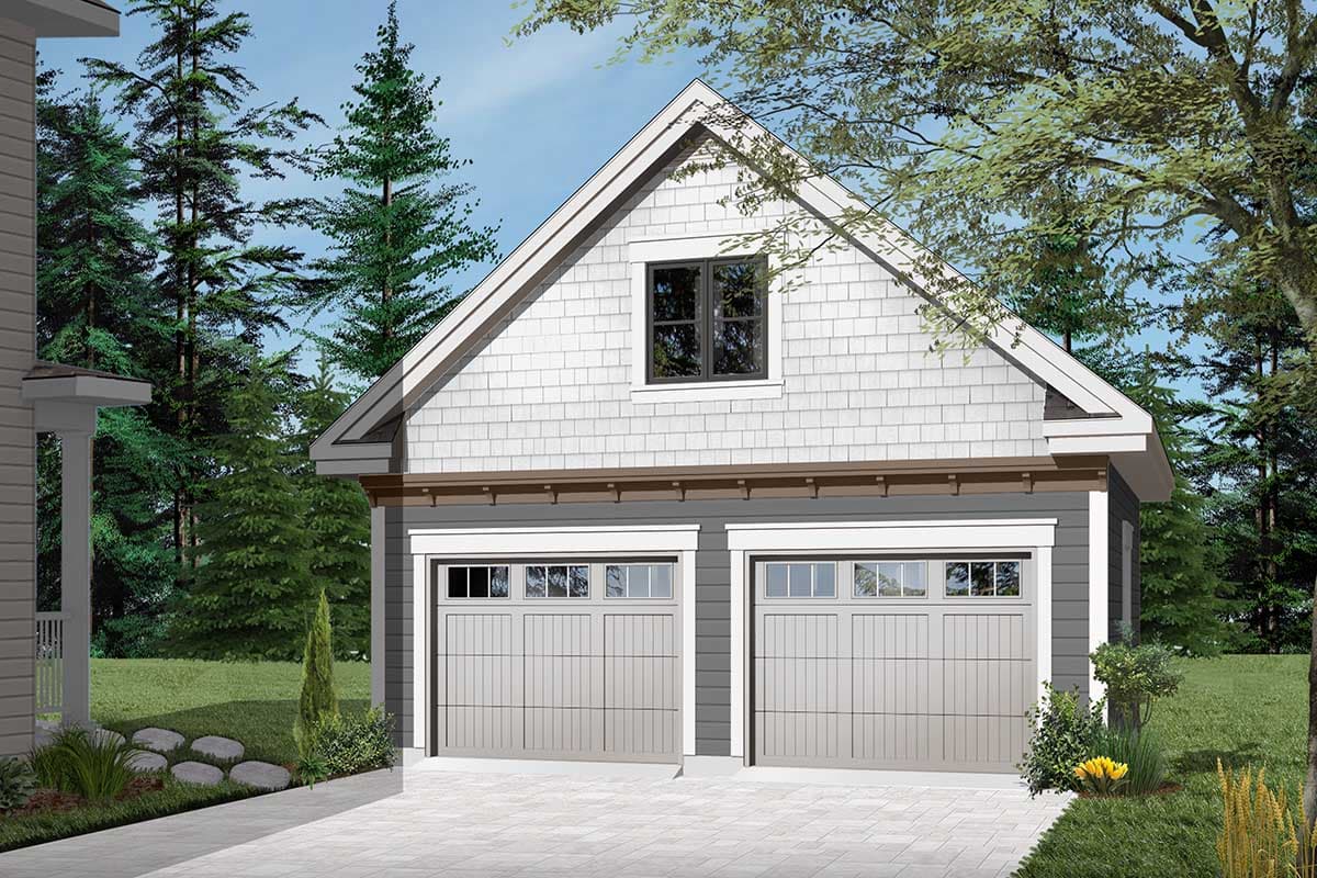 House plan exterior showing a two-car garage with paneled doors, gable roof, and dormer window.