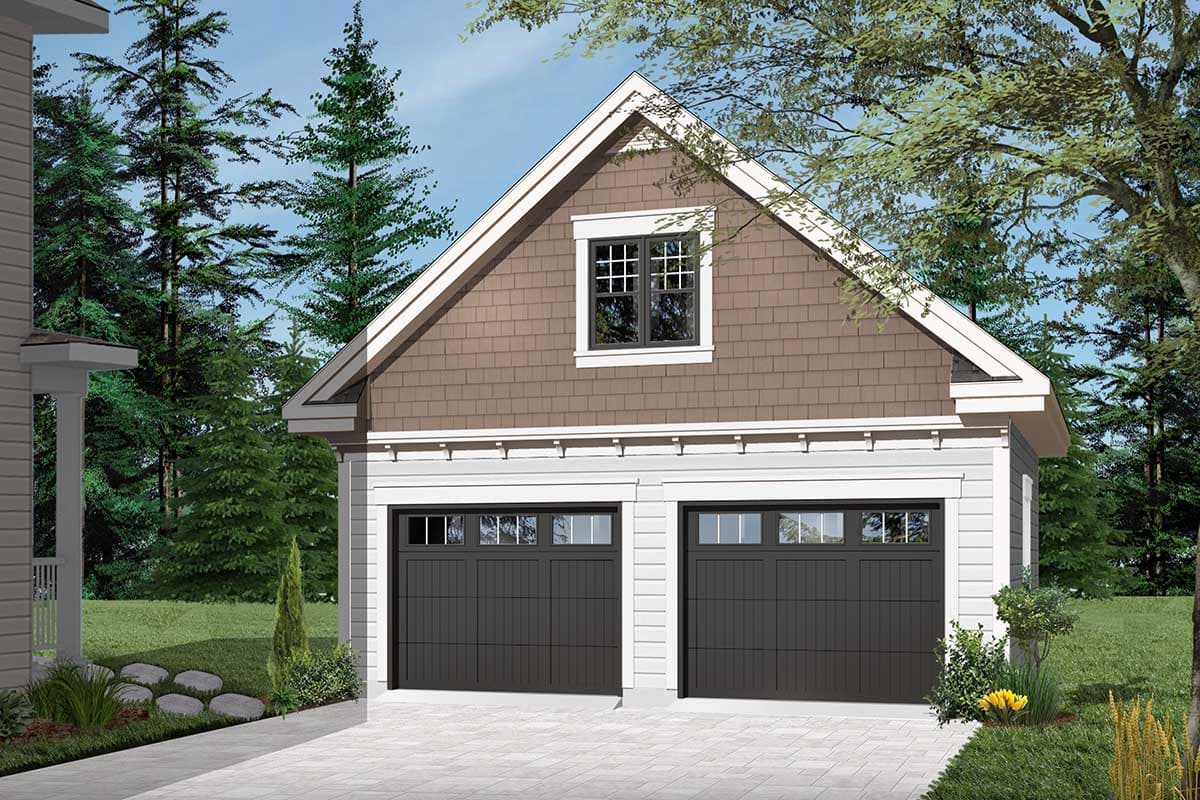 House plan exterior: Two-car garage with gable dormer, shingle siding, and segmented windows above the garage doors.