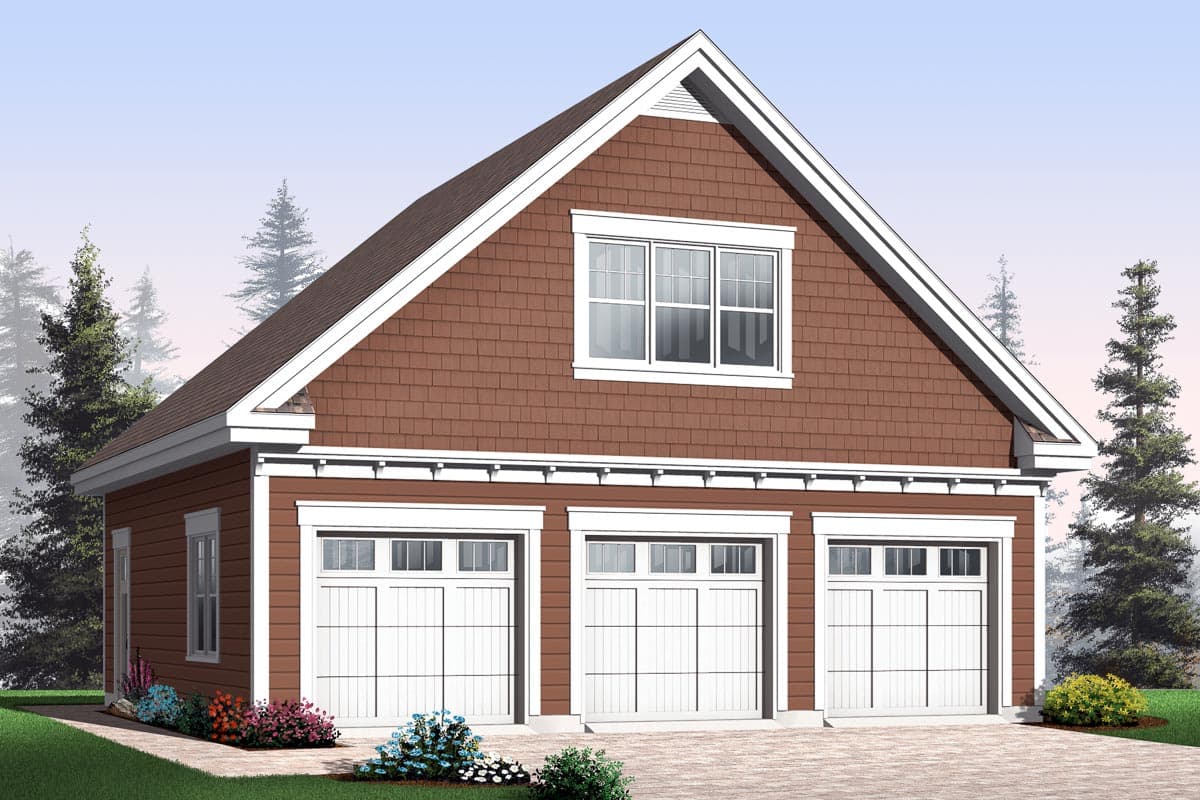 House plan exterior with three-car garage. Features include a gable roof, shake siding, and a prominent window in the gable end.