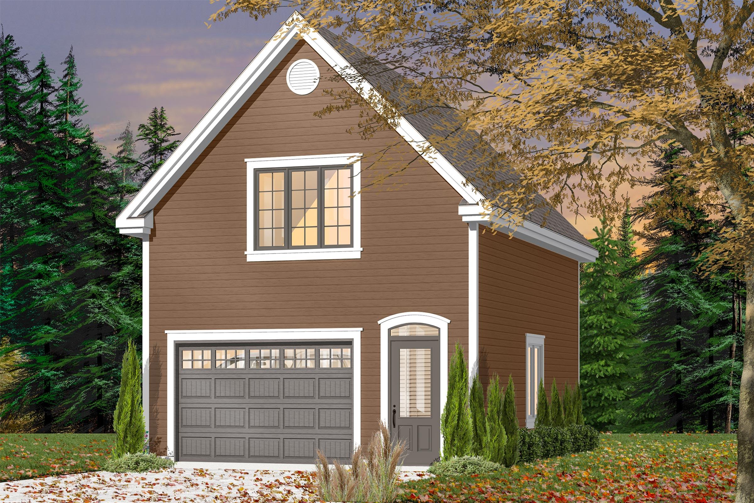 House plan exterior shows a two-story modern farmhouse with a side-entry garage, gabled roof, and large upper window.