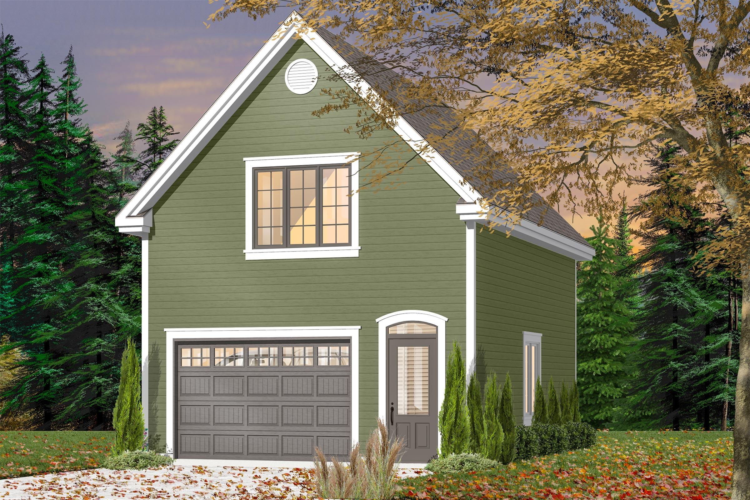 House plan exterior: Two-story building with a gable roof, garage door, arched entry door, and a large upper window.